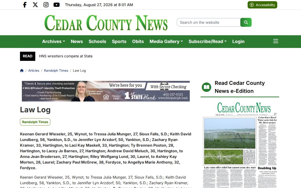 Cedar County News Law Log showing selective Cedar County incident coverage rather than a booking roster