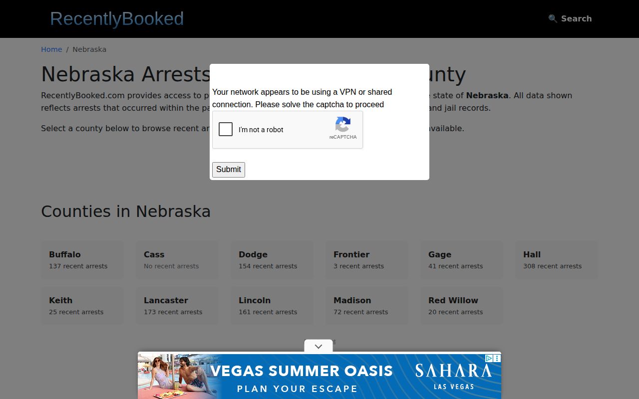 RecentlyBooked Nebraska inventory screenshot showing an unofficial third-party arrest-news source without verified Cedar County coverage